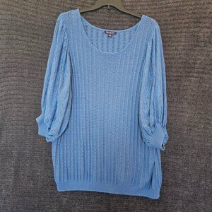 Roman's Blue Knit Top 2X Plus Lace Sleeves 26/28 Pullover ScoopNeck